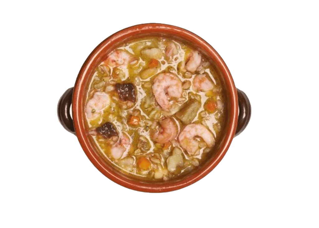 Zuppa di farro con mazzancolle e funghi