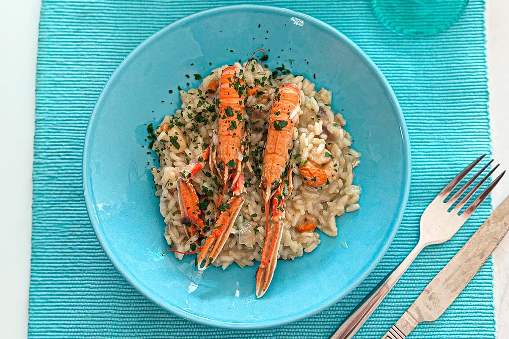 risotto con canestrelli e scampi